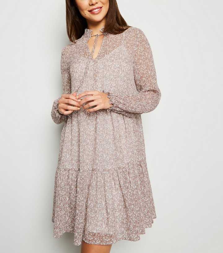 White Floral Chiffon Tiered Mini Dress