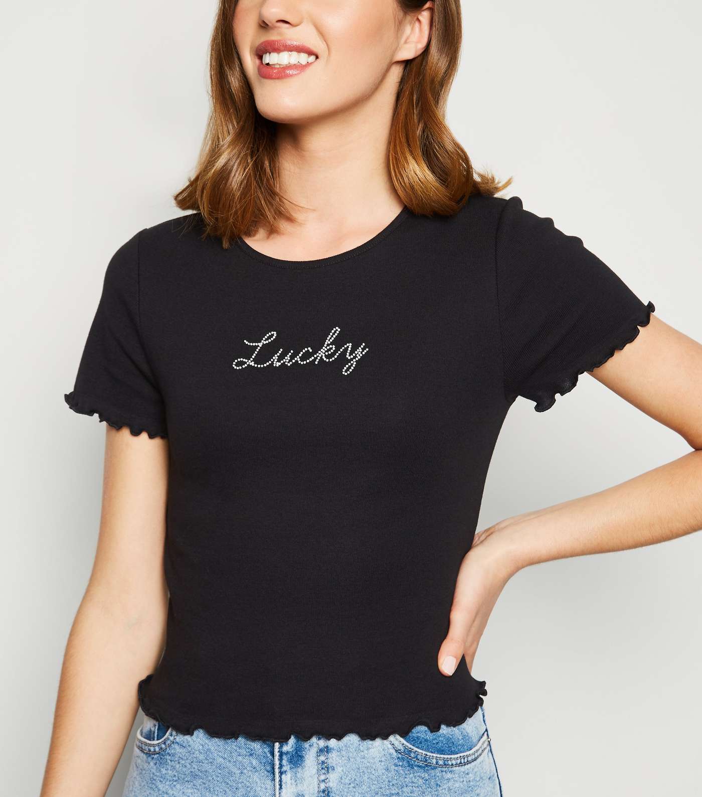Black Frill Lucky Diamanté Slogan T-Shirt