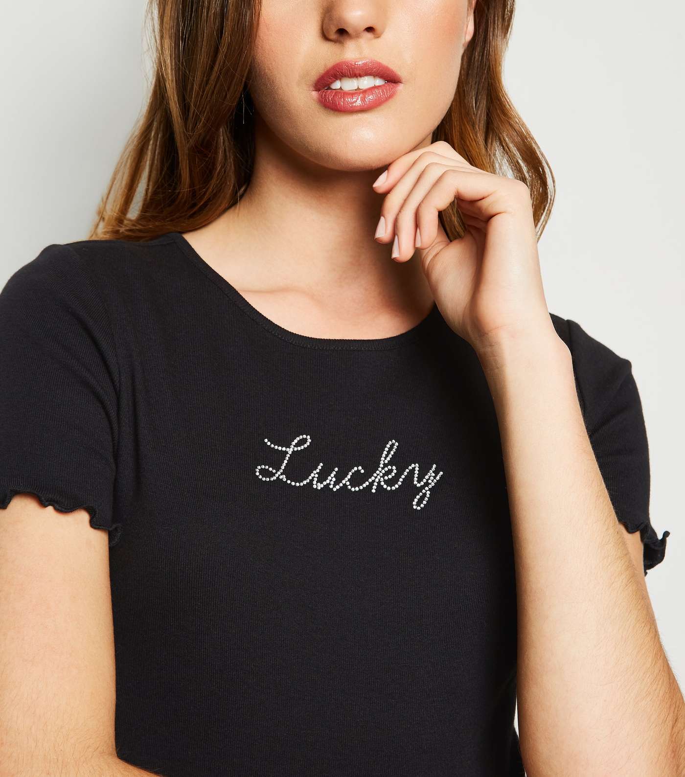 Black Frill Lucky Diamanté Slogan T-Shirt Image 5