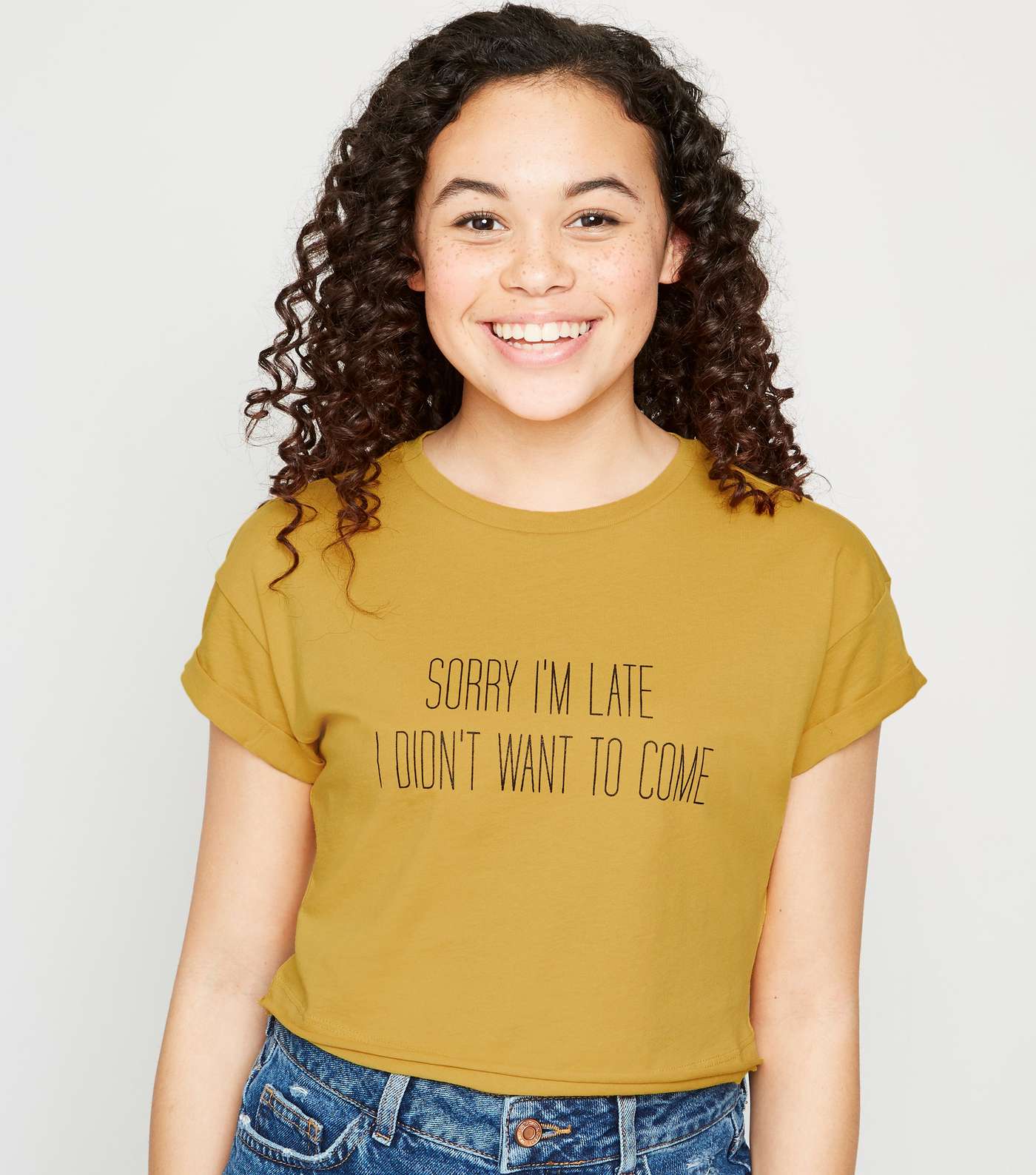 Girls Mustard Sorry I'm Late Slogan T-Shirt