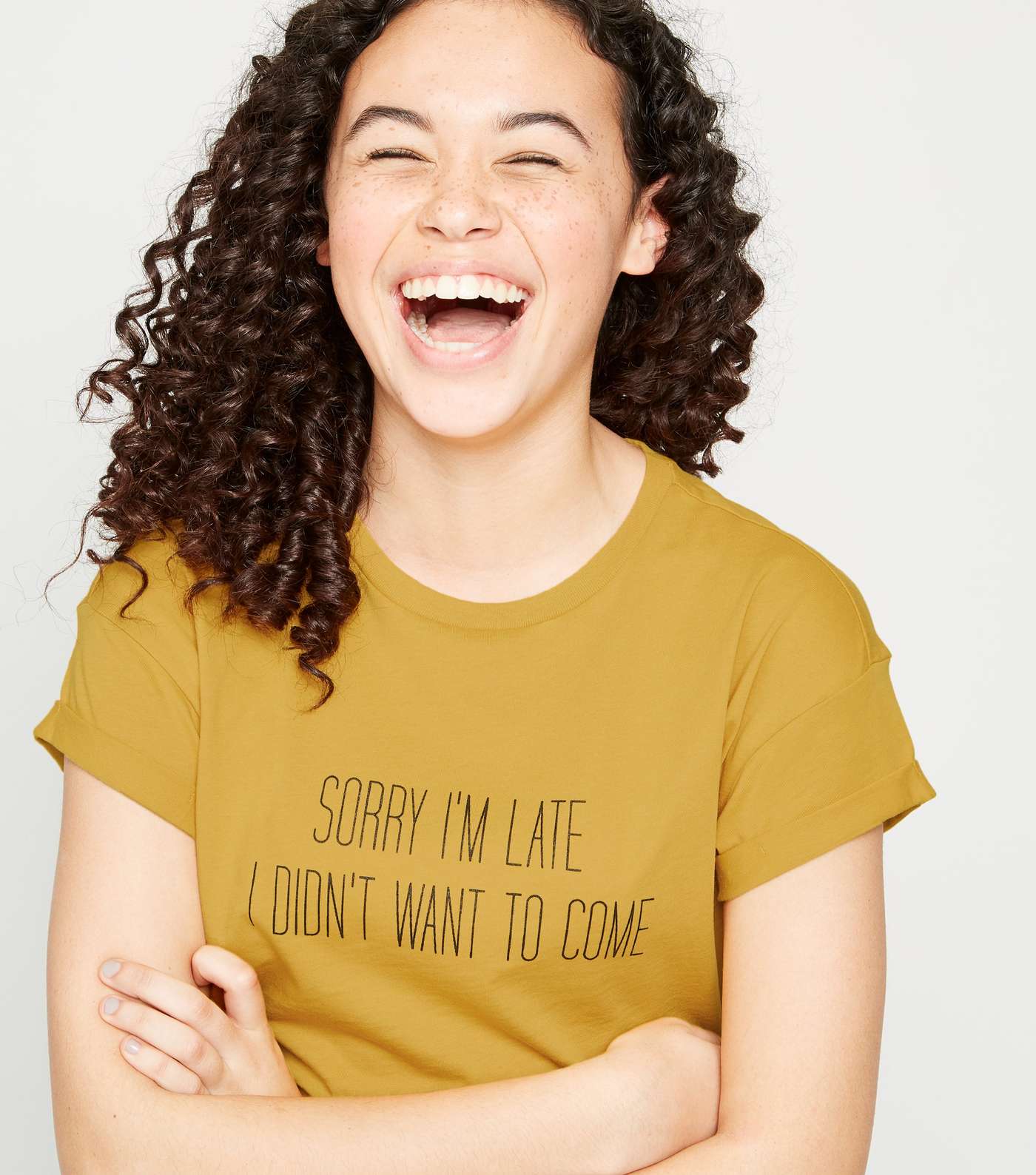 Girls Mustard Sorry I'm Late Slogan T-Shirt Image 5