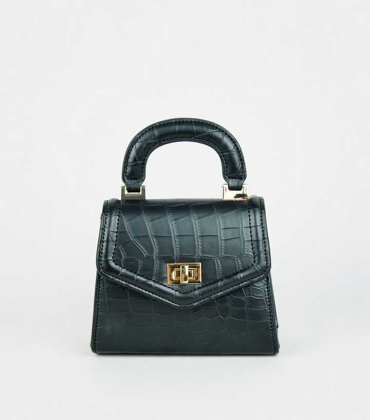 Black Faux Croc Mini Cross Body Bag