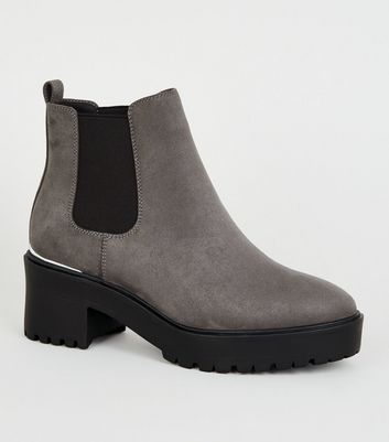 Grey Suedette Chunky Chelsea Boots 