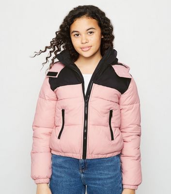 Girls Pink Block Color Puffer Jacket 