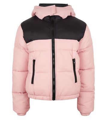 pink and black puffer jacket