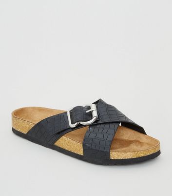 new look cross strap flat slider sandal in black croc