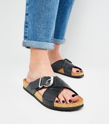 new look cross strap flat slider sandal in black croc