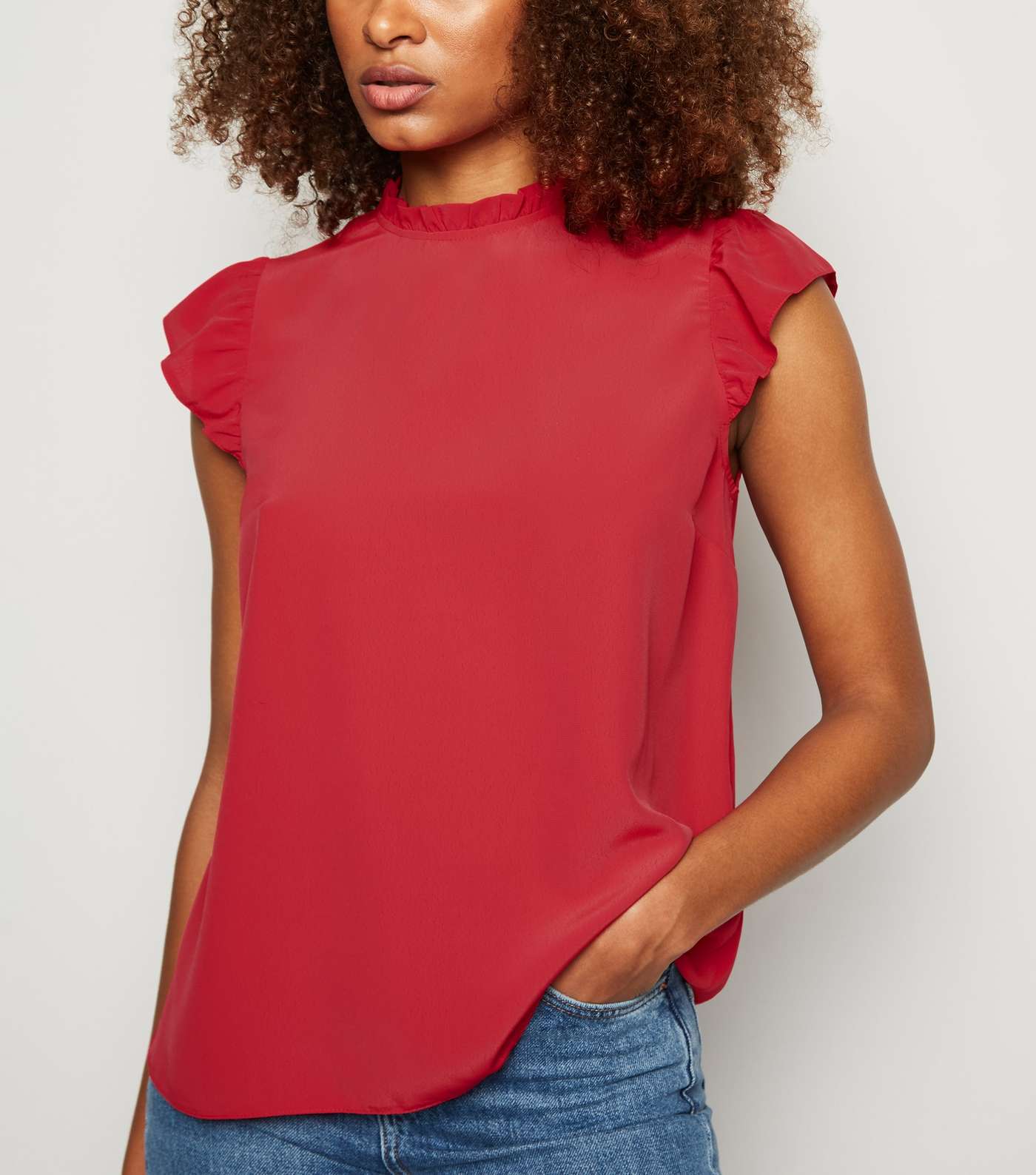 Red Frill Trim Sleeveless Blouse