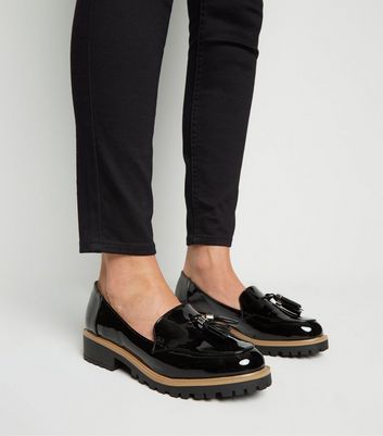 Wide Fit Black Patent Chunky Loafers 