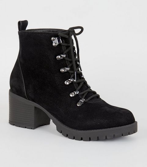 Wide Fit Black Lace Up Chunky Hiker Boots