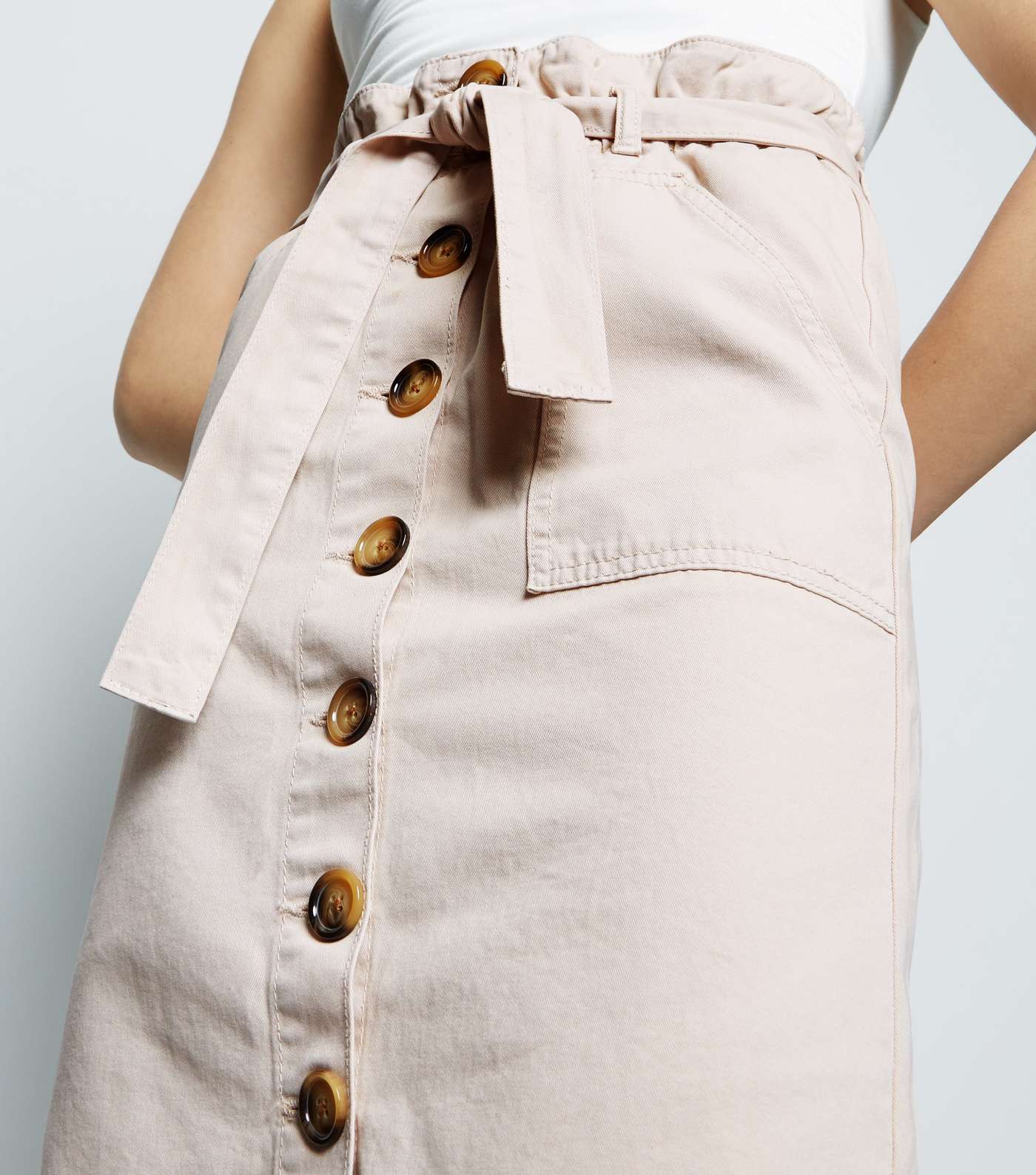 Ecru Button Up High Waist Denim Midi Skirt  Image 5