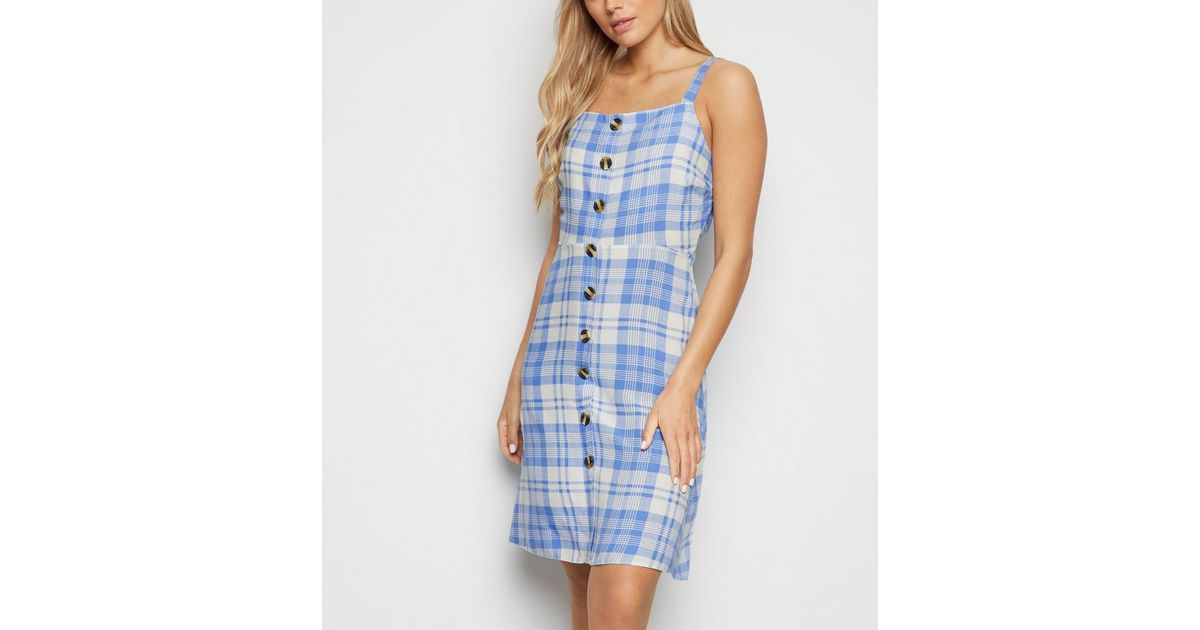 Tall Blue Check Button Front Dress New Look