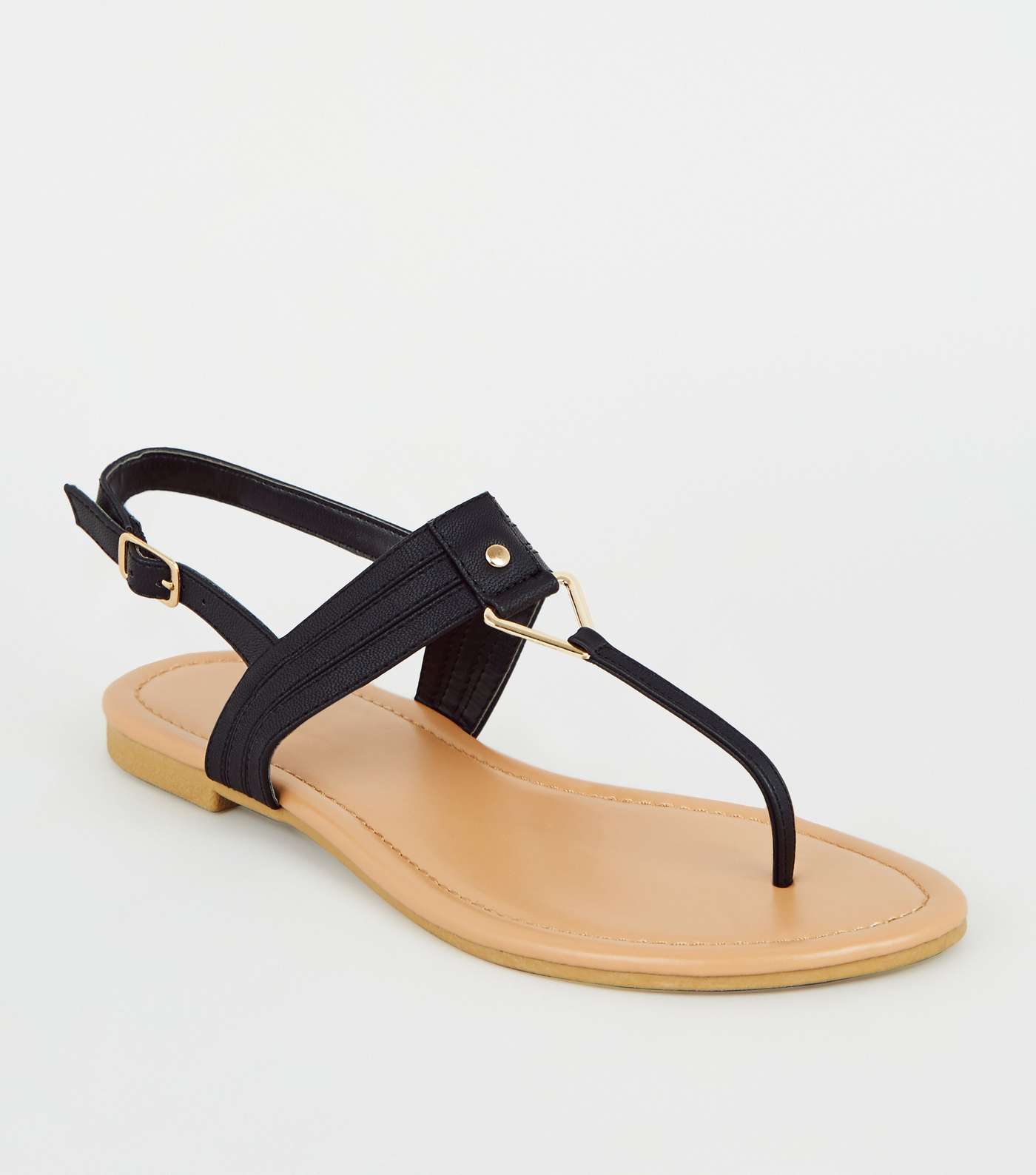 Girls Black Leather-Look Triangle Trim Sandals