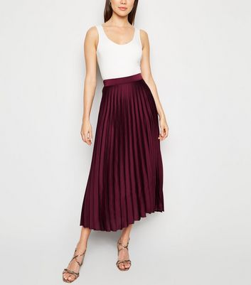 Plum Pleated Satin Midi Skirt | New Look
