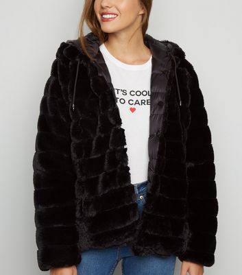 Black Faux Fur Reversible Puffer Jacket, Women S Fury Reversible Faux Fur Hooded Coat