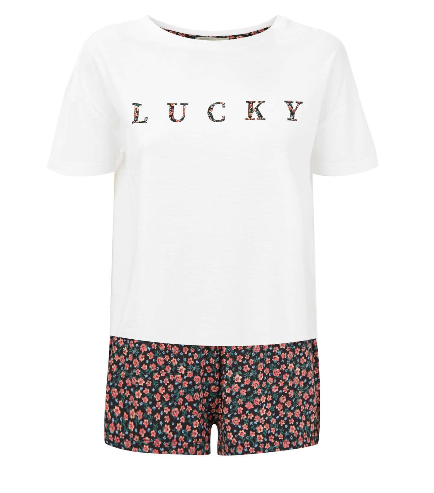 White Ditsy Floral Lucky Slogan Pyjama Set  Image 4