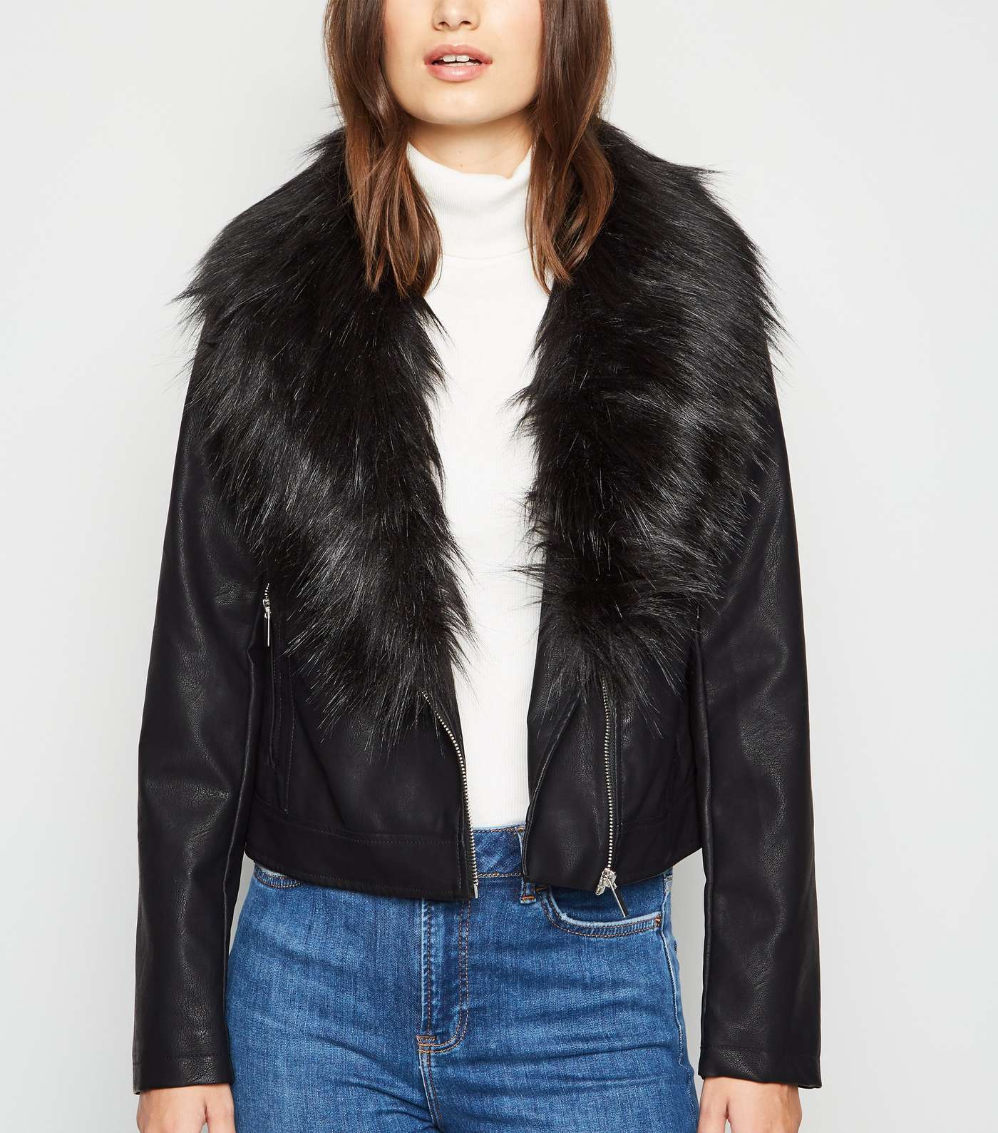 Black Leather-Look Detachable Faux Fur Collar Jacket