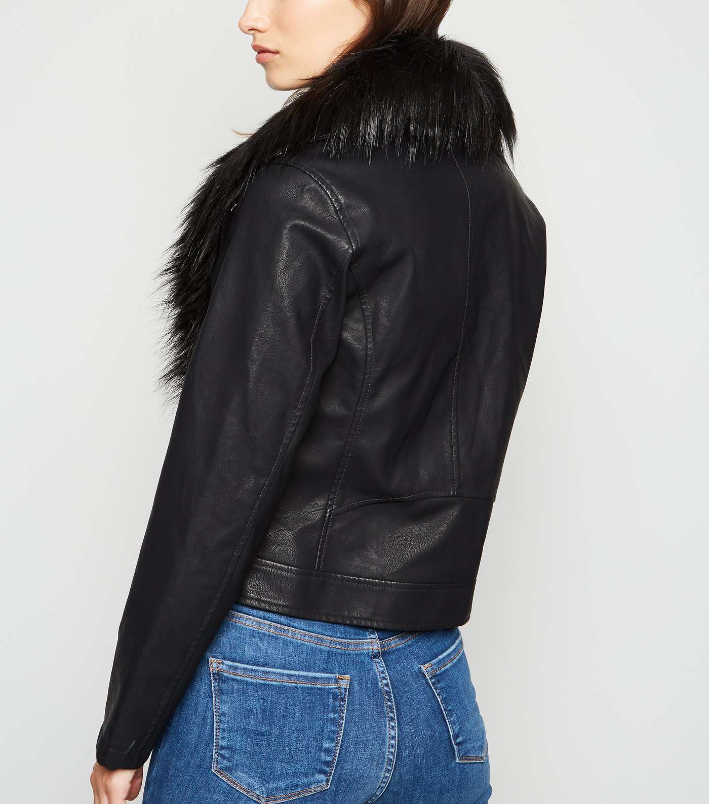 Black Leather-Look Detachable Faux Fur Collar Jacket Image 3