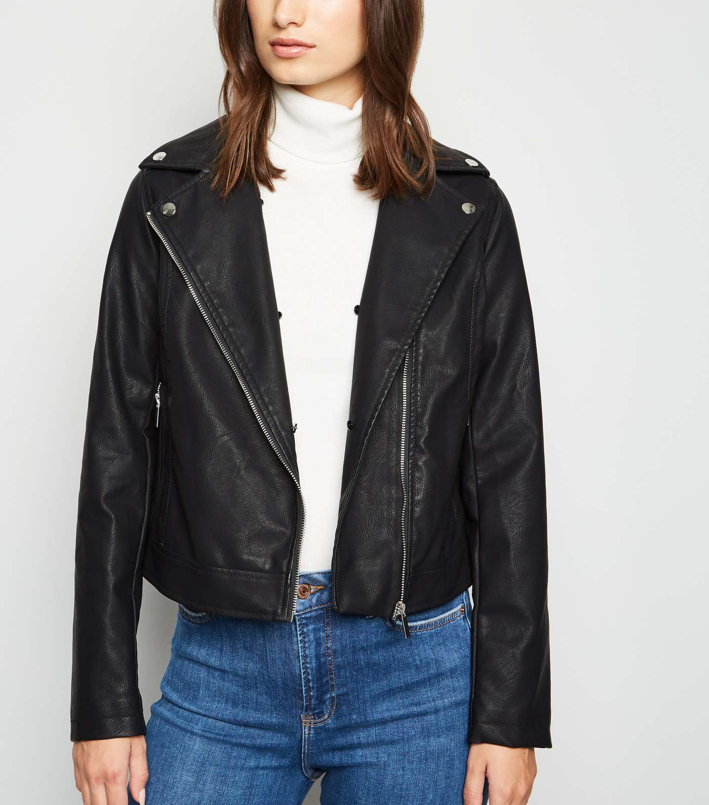 Black Leather-Look Detachable Faux Fur Collar Jacket Image 5
