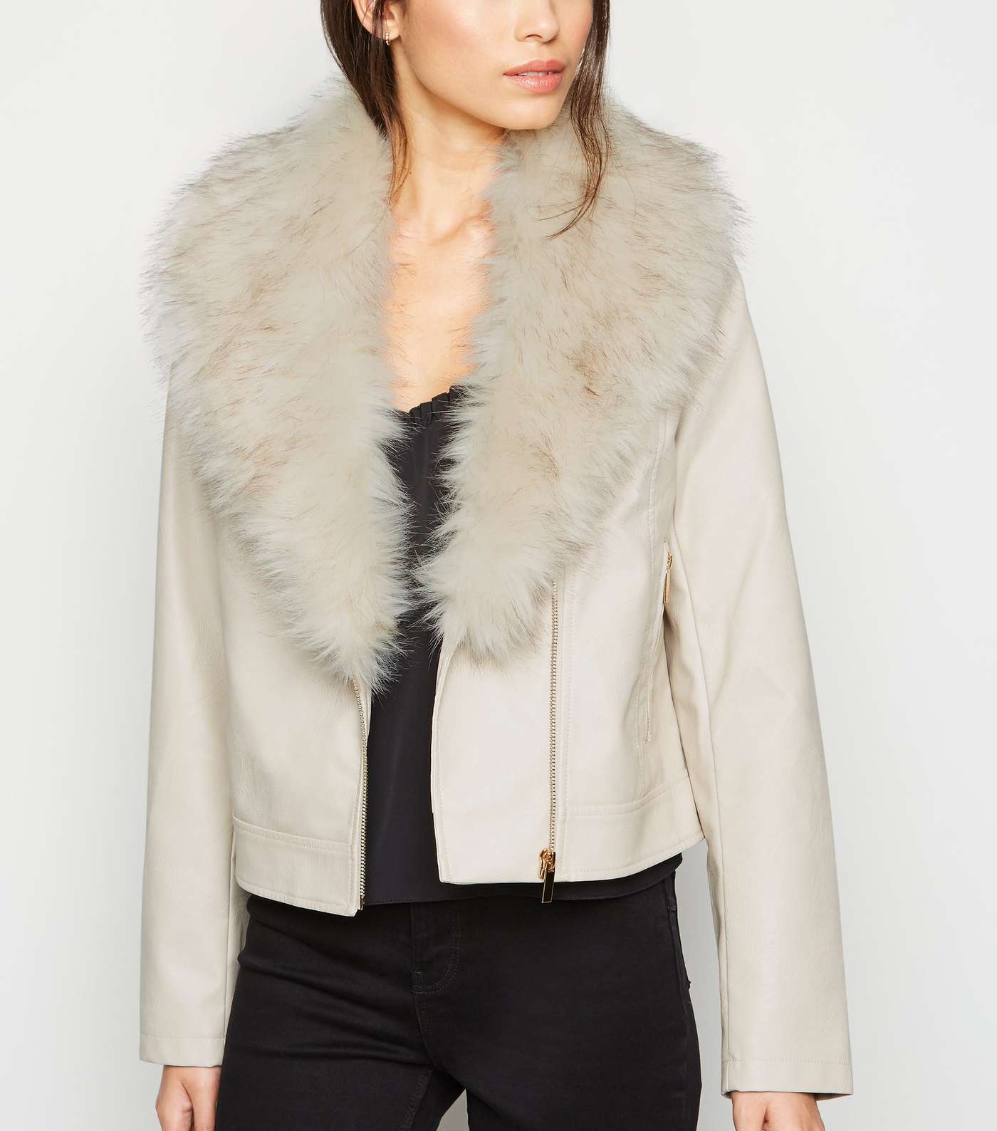 Cream Leather-Look Detachable Faux Fur Collar Jacket