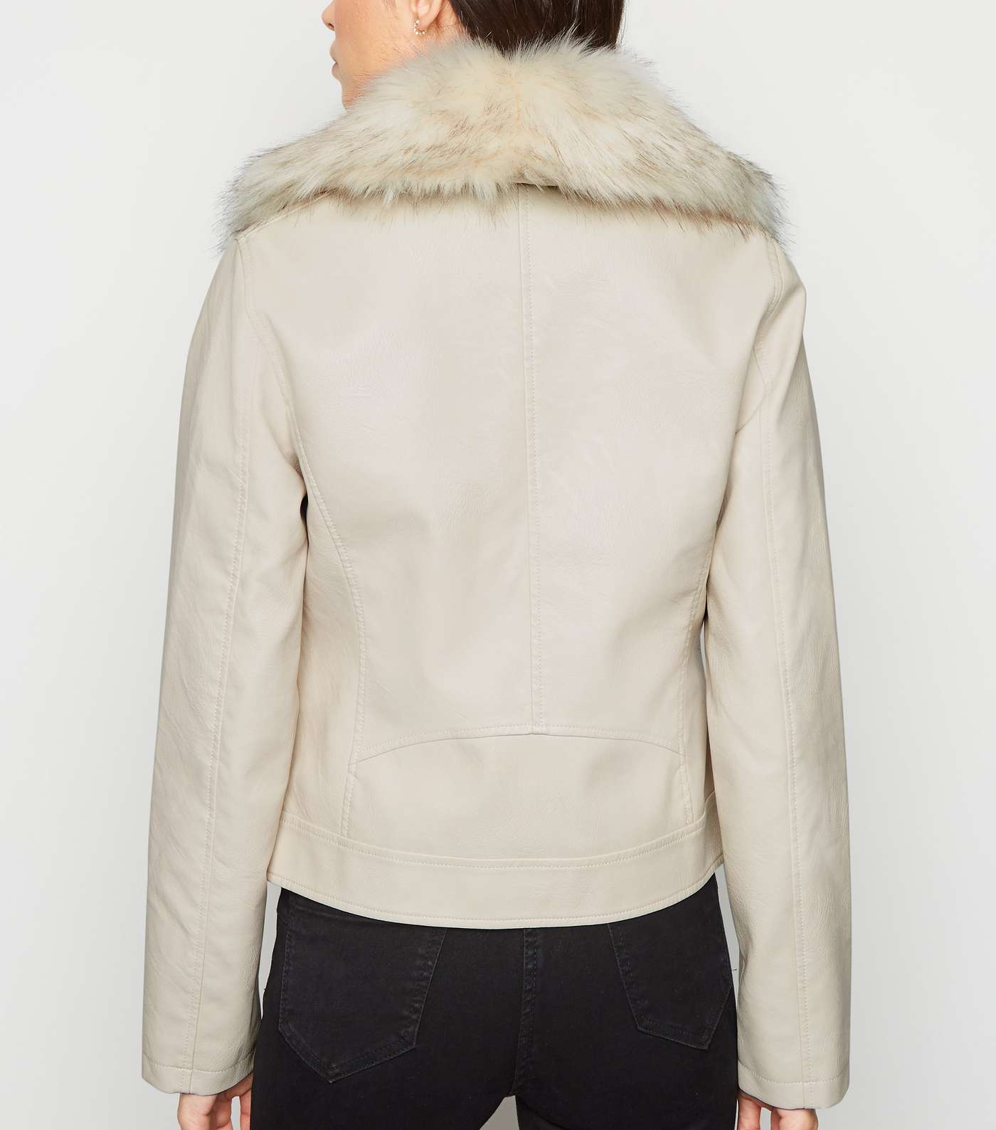 Cream Leather-Look Detachable Faux Fur Collar Jacket Image 3