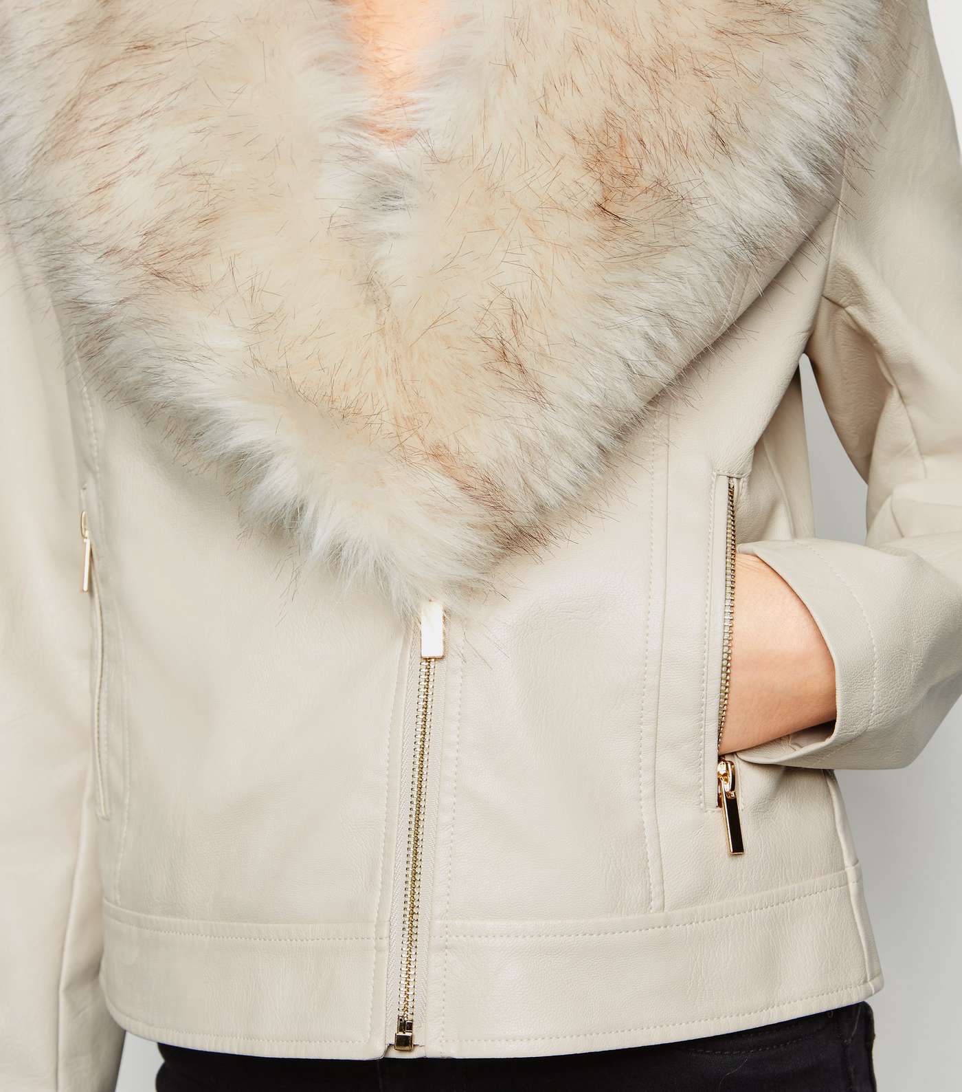 Cream Leather-Look Detachable Faux Fur Collar Jacket Image 5