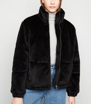 black faux fur puffer jacket