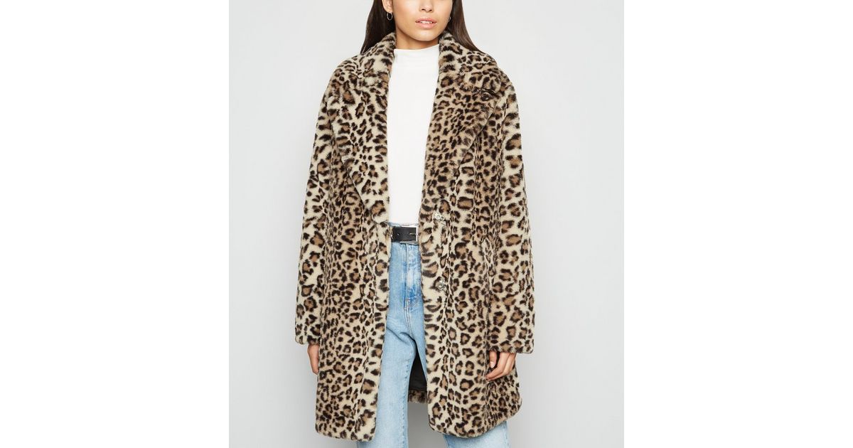 Brown Leopard Print Faux Fur Coat New, Animal Print Fur Coat