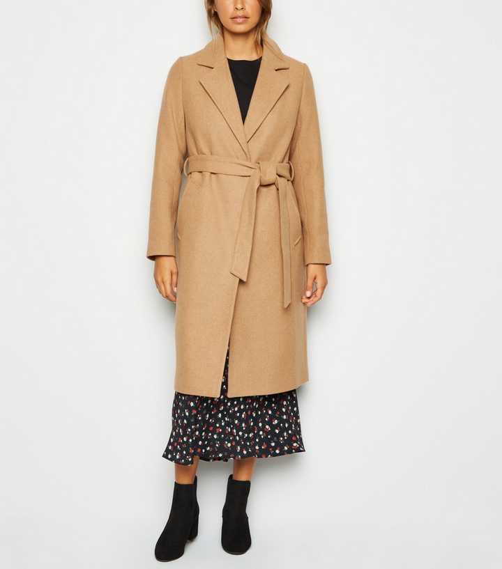 new look camel belted coat