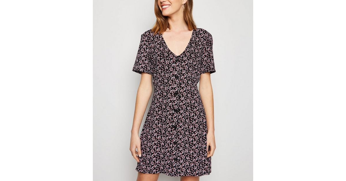 Cameo Rose Black Floral Button Dress | New Look
