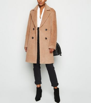 Camel Fluffy Collared Longline Coat | New Look