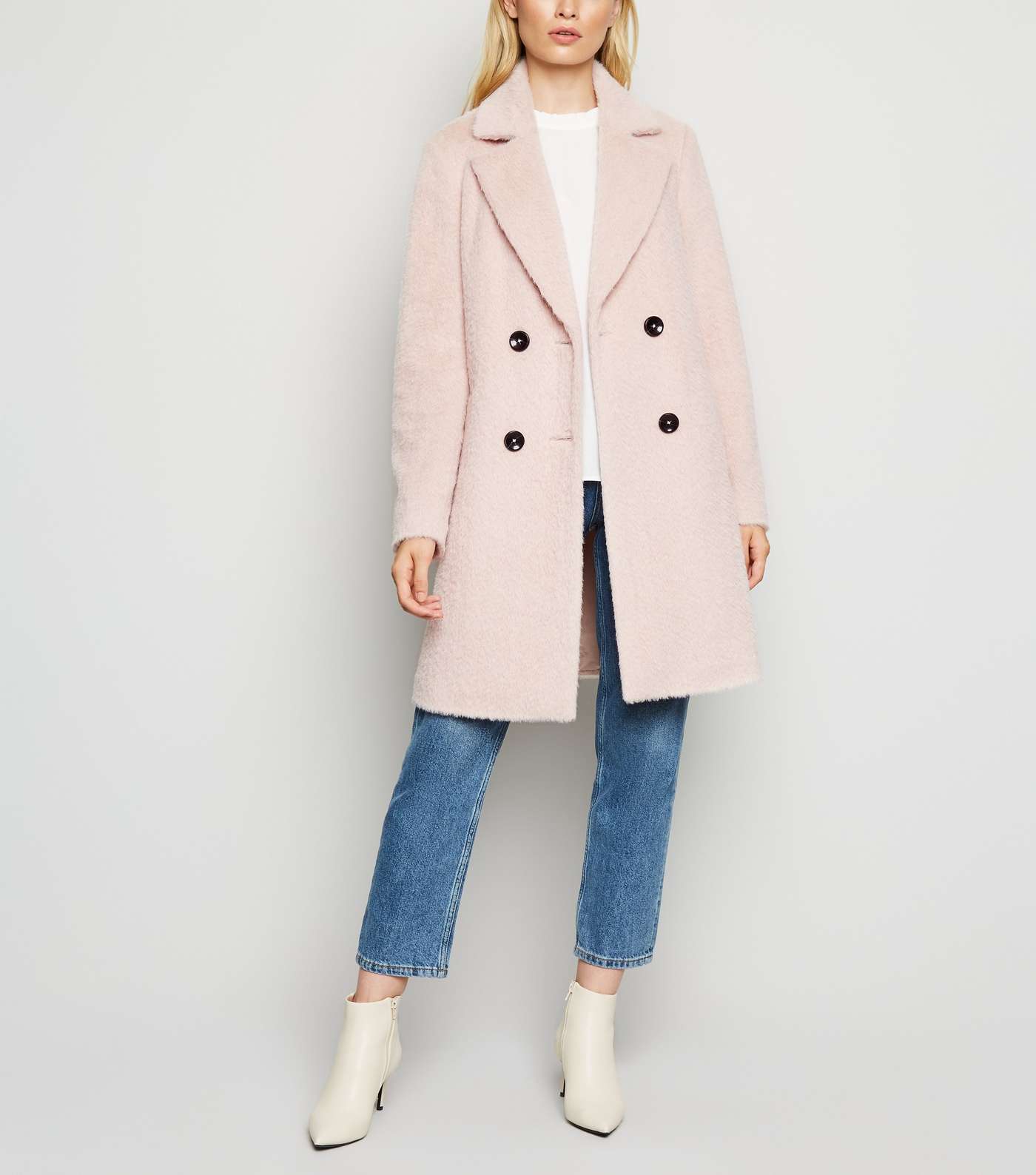 Pale Pink Fluffy Collared Longline Coat