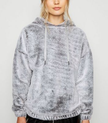 Grey Faux Fur Hoodie New Look