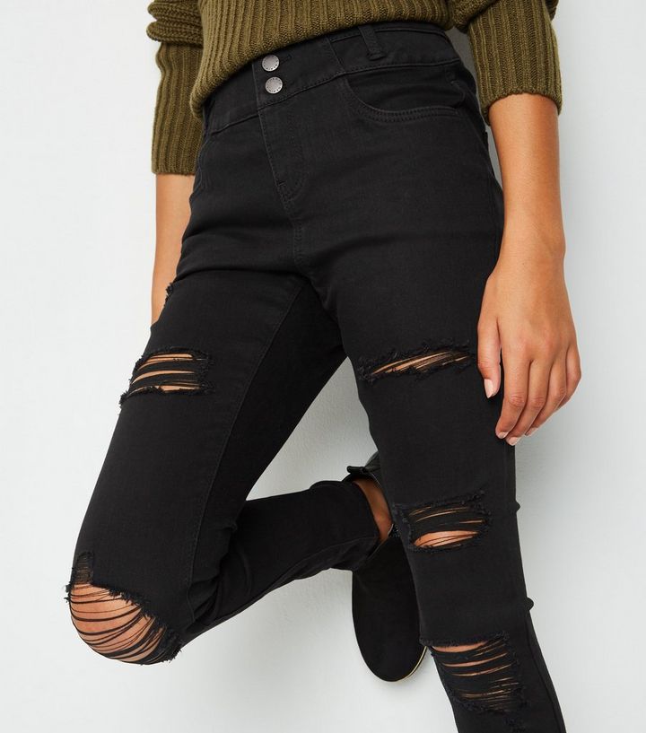 Girls Zerrissene Gerippte Skinny Jeans In Schwarz New Look