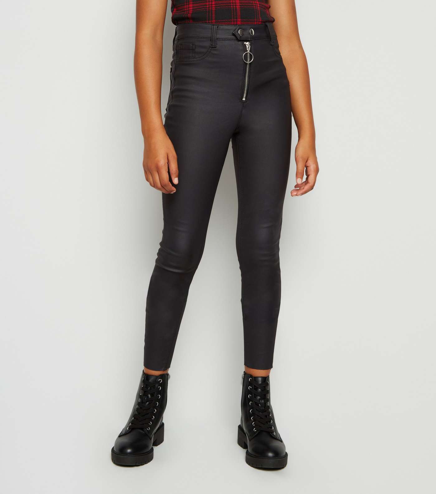 Girls Black Leather-Look High Waist Skinny Jeans Image 2