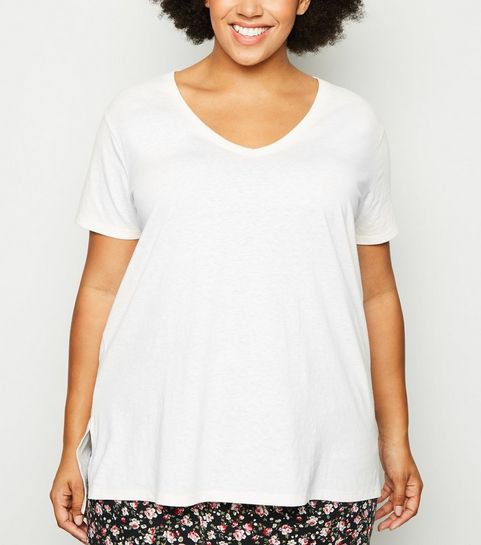 Curves Off White Split Hem T-Shirt