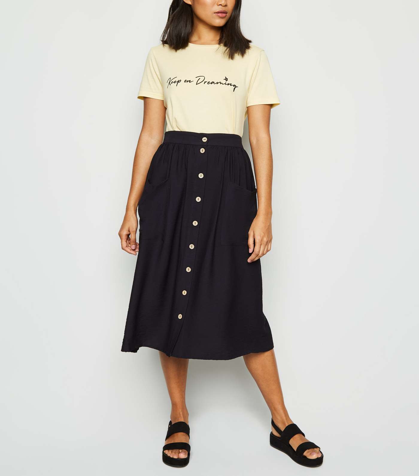 Petite Black Pocket Front Midi Skirt