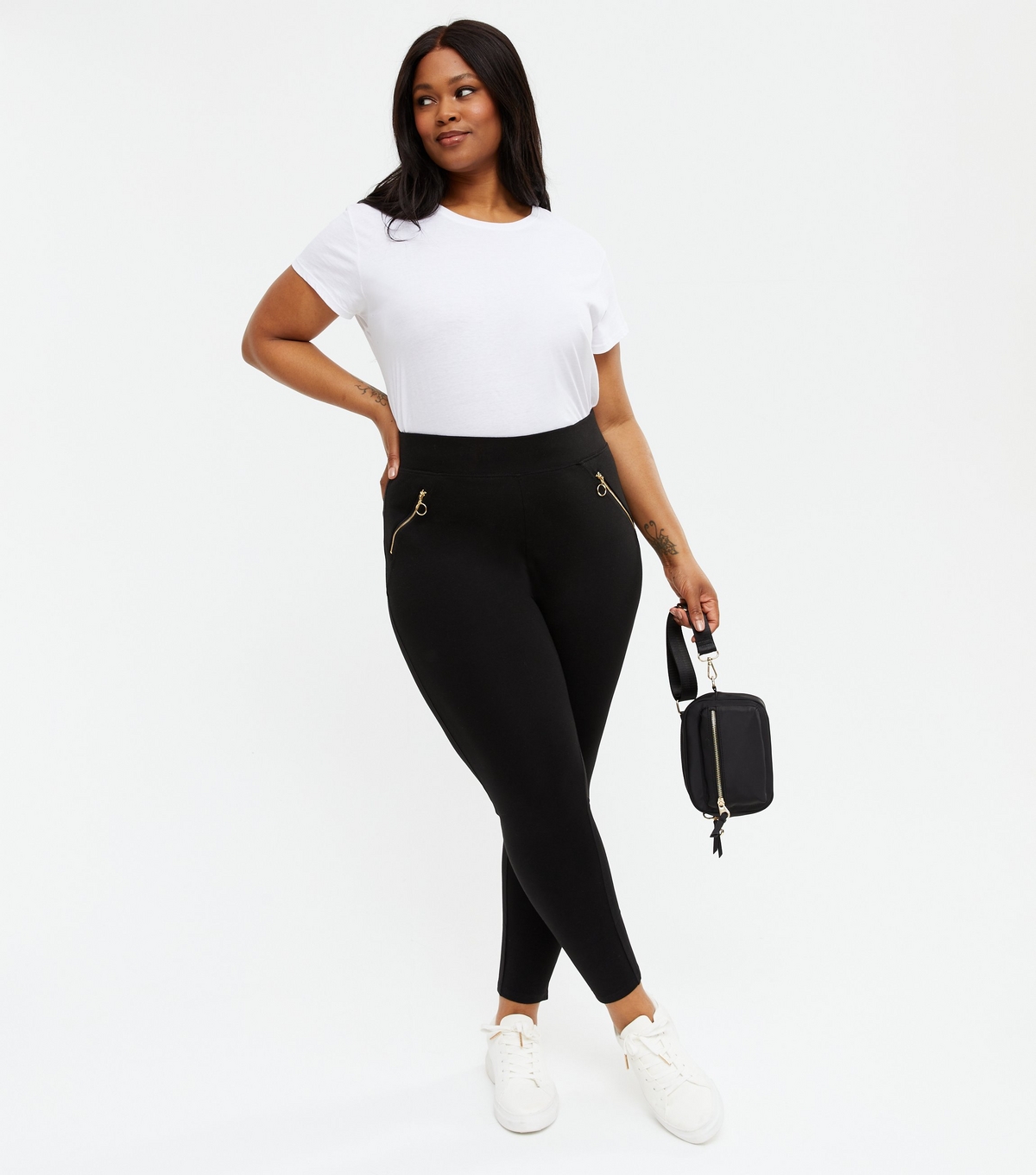 Women's Plus Size Black Ring Zip Leggings Curves New Look