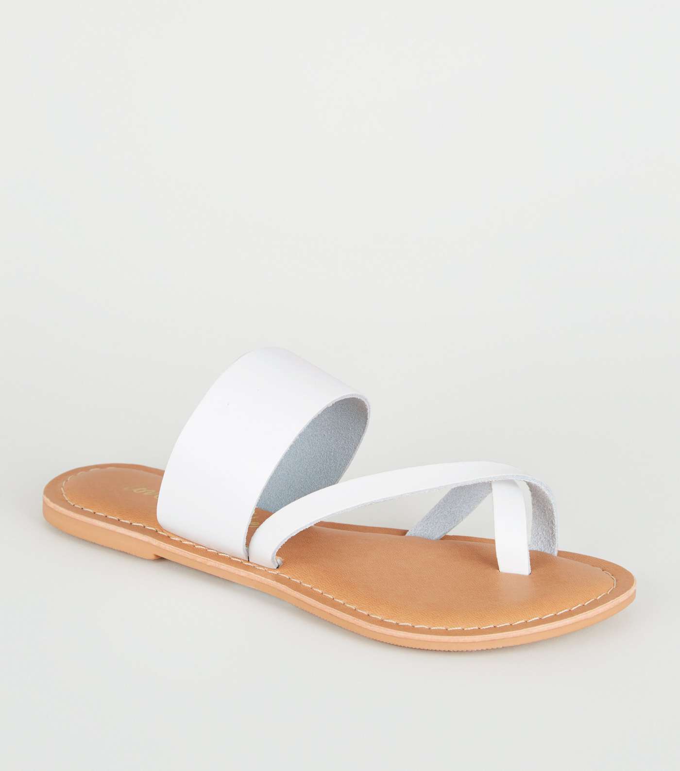 White Leather Toe Loop Strappy Sliders