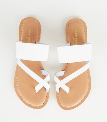 White Leather Toe Loop Strappy Sliders | New Look