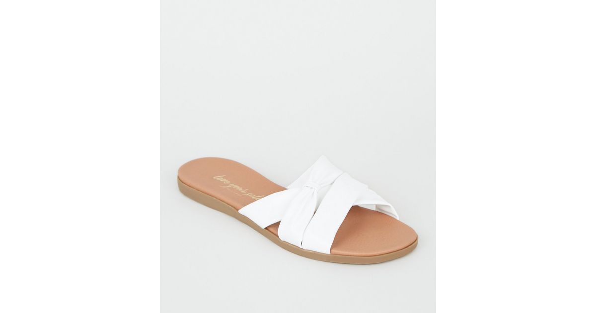 White Leather-Look Bow Strap Footbed Sliders | New Look