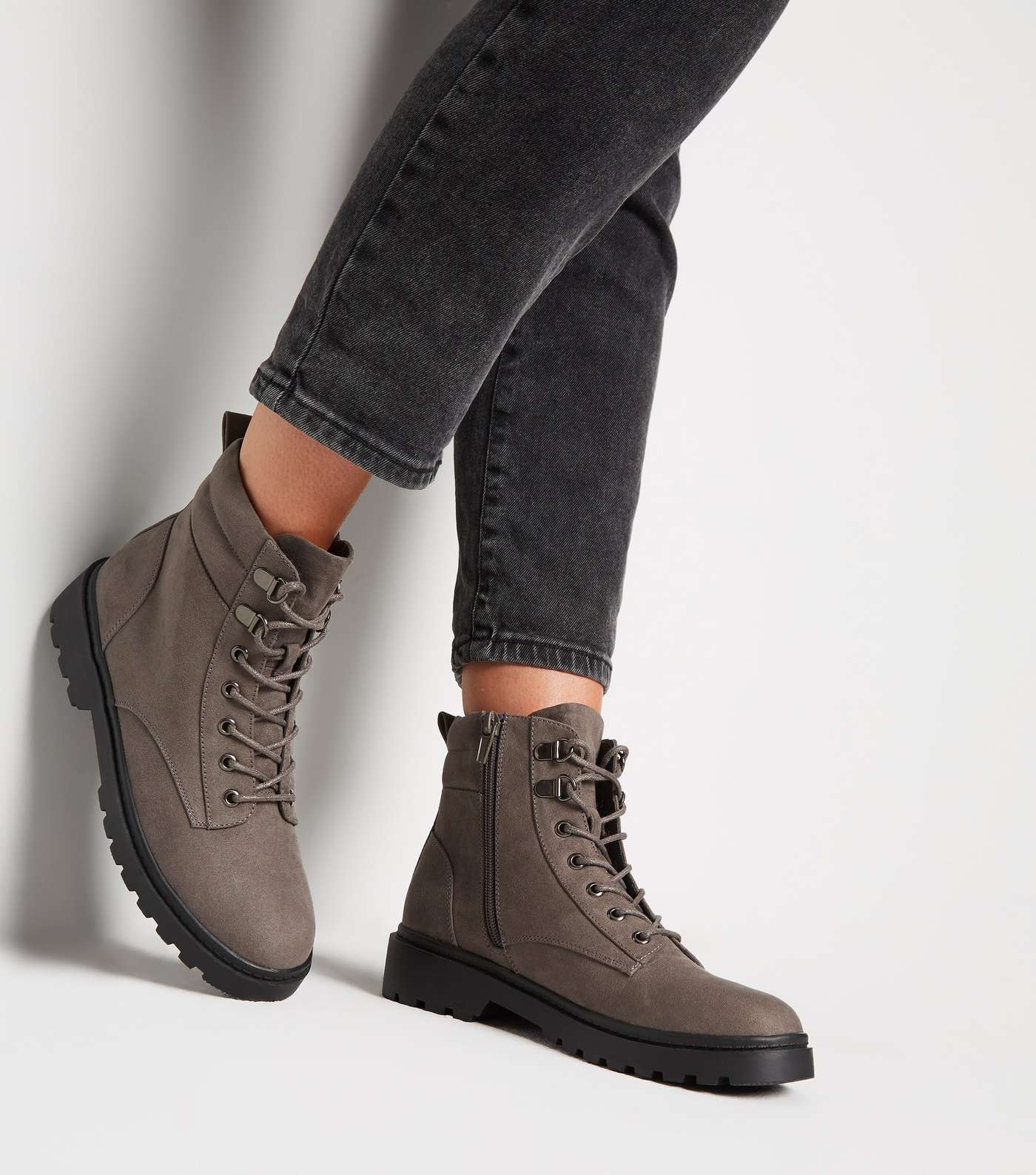 Grey Suedette Chunky Hiker Boots Image 2