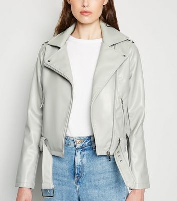 Pale Grey Leather-Look Belted Biker Jacket | New Look