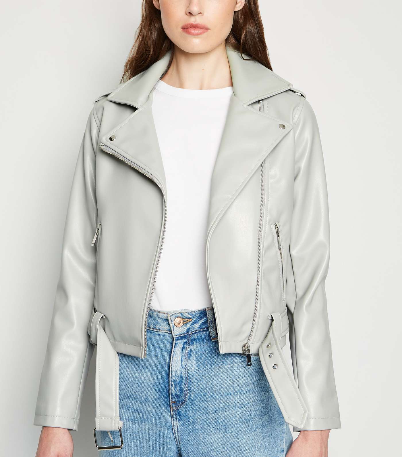 Pale Grey Leather-Look Belted Biker Jacket