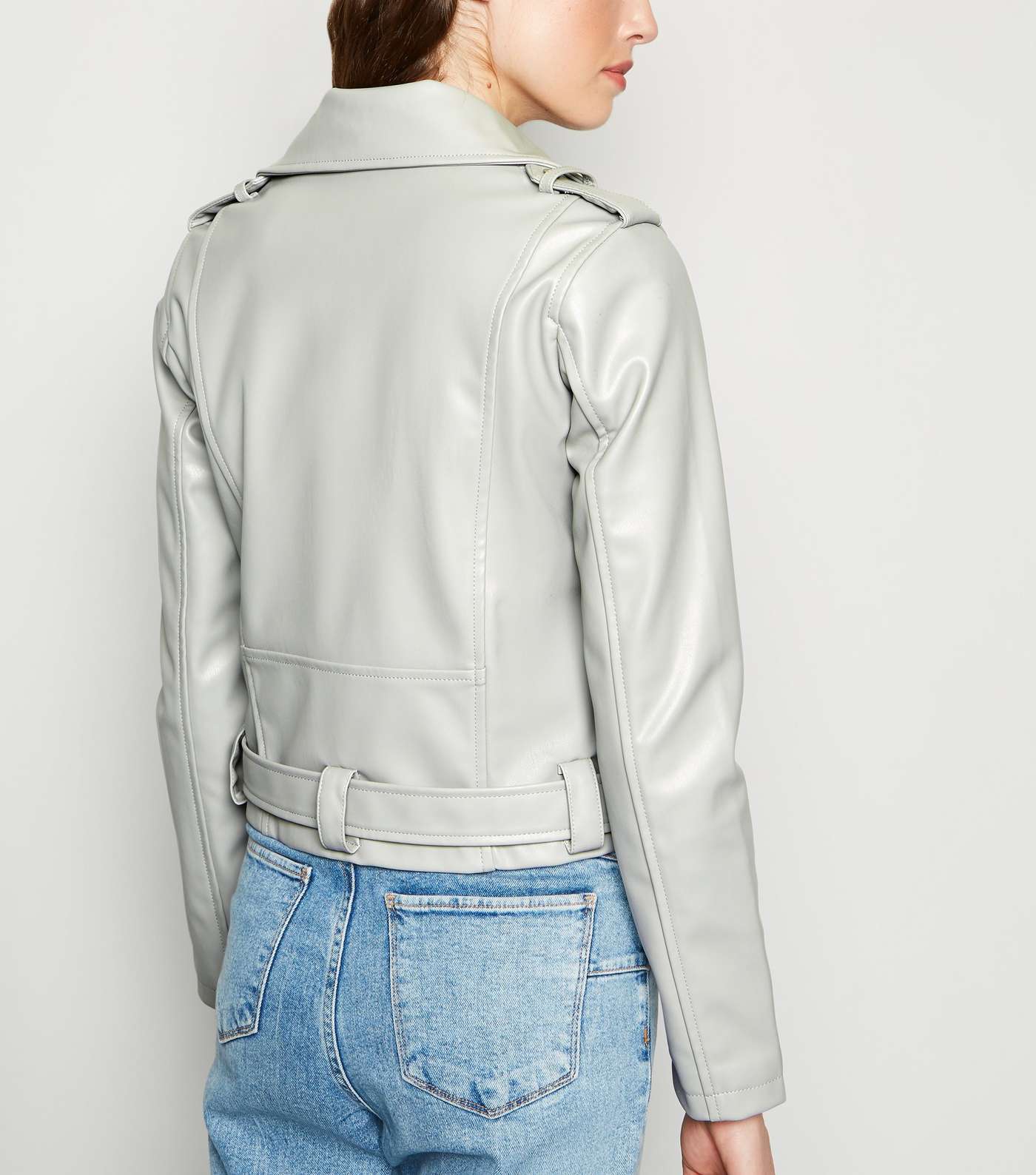 Pale Grey Leather-Look Belted Biker Jacket Image 3