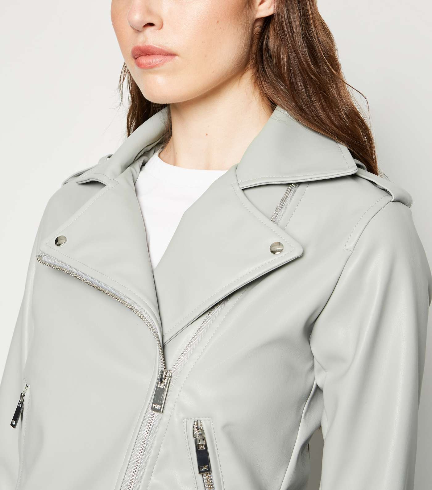 Pale Grey Leather-Look Belted Biker Jacket Image 5