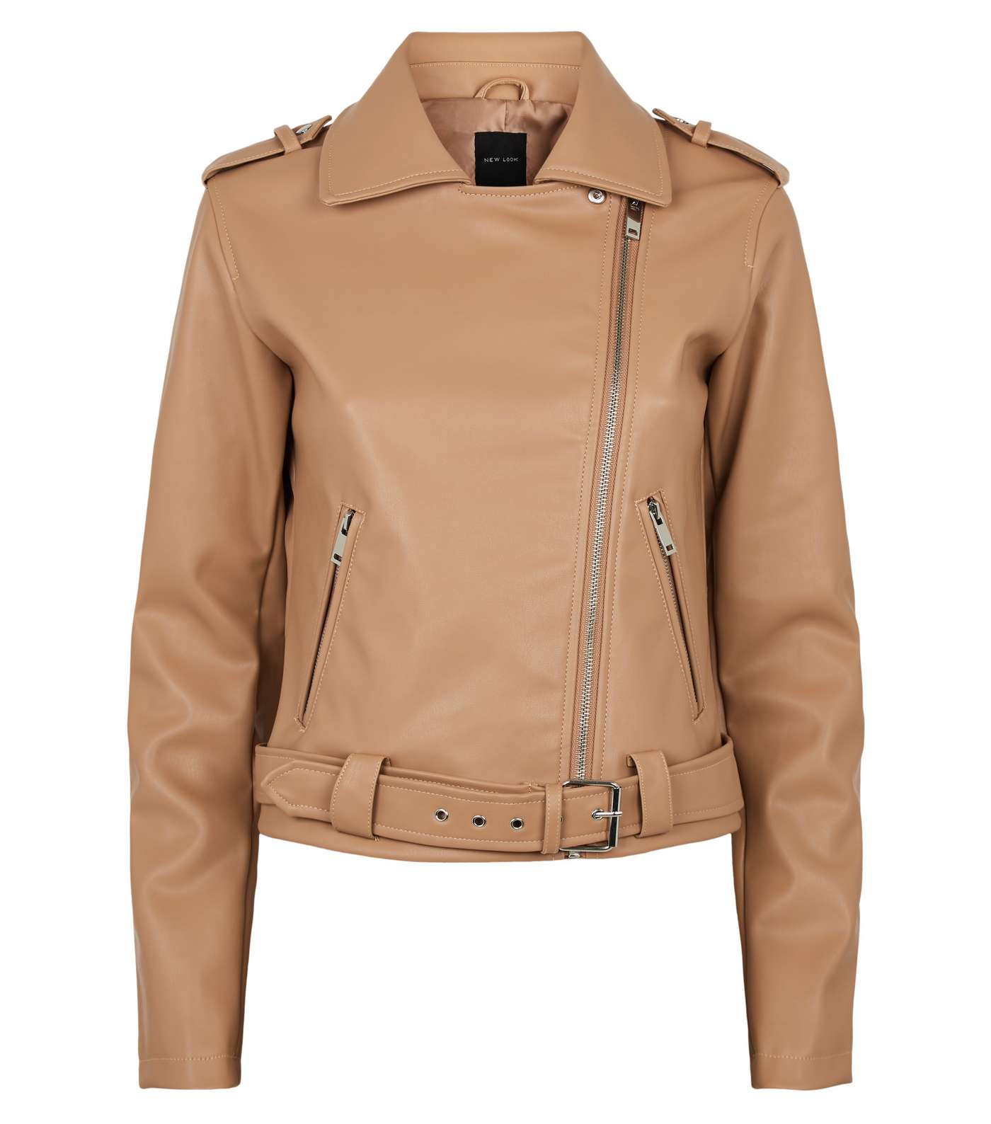 Camel Leather-Look Belted Biker Jacket Image 4