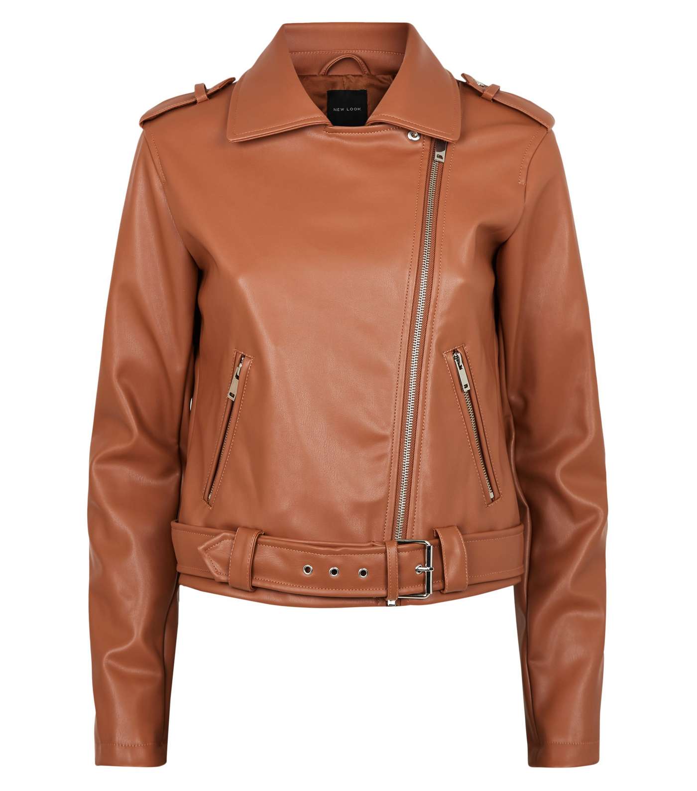 Tan Leather-Look Belted Biker Jacket Image 4