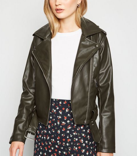 Olive Leather-Look Belted Biker Jacket