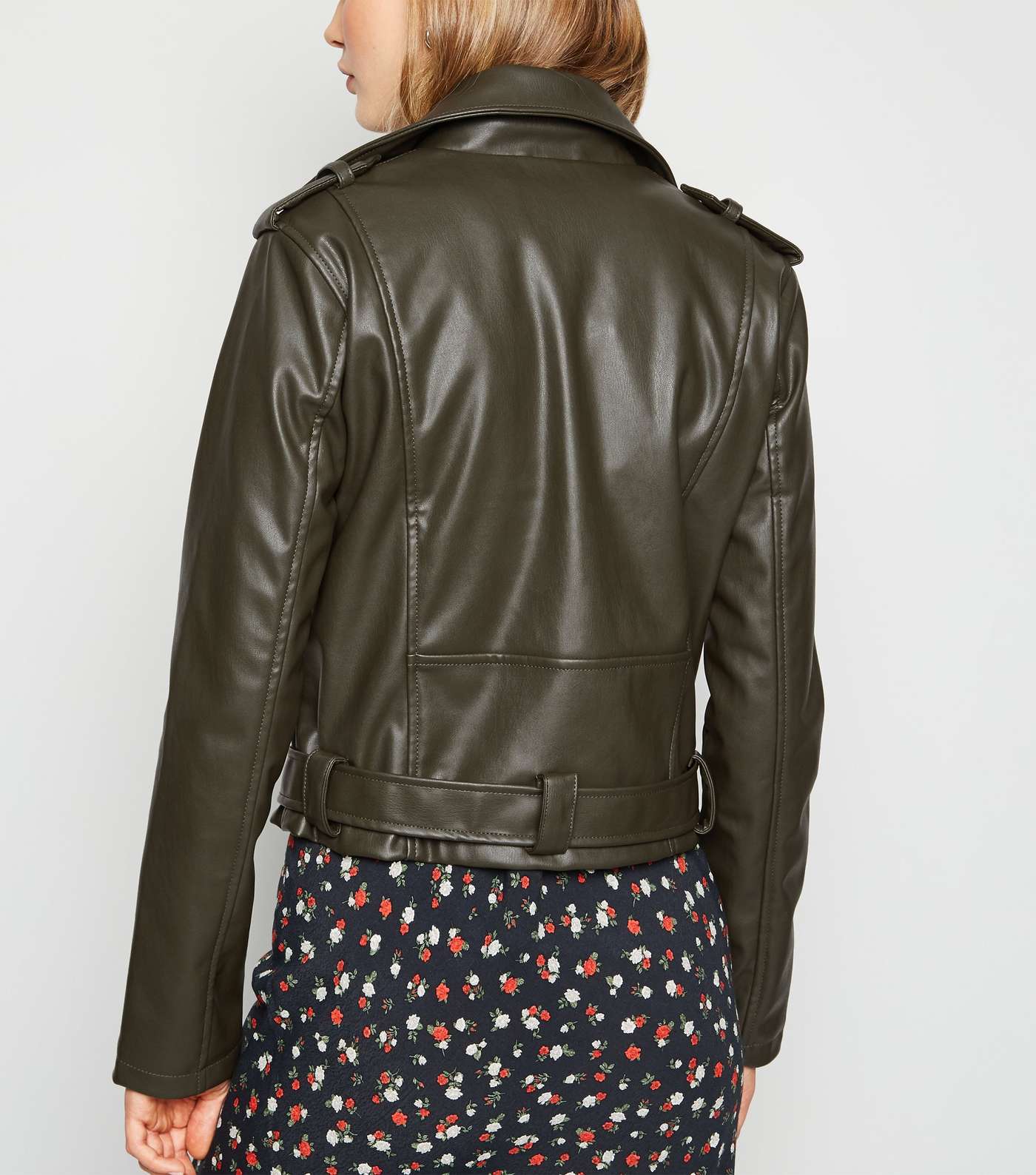 Olive Leather-Look Belted Biker Jacket Image 3